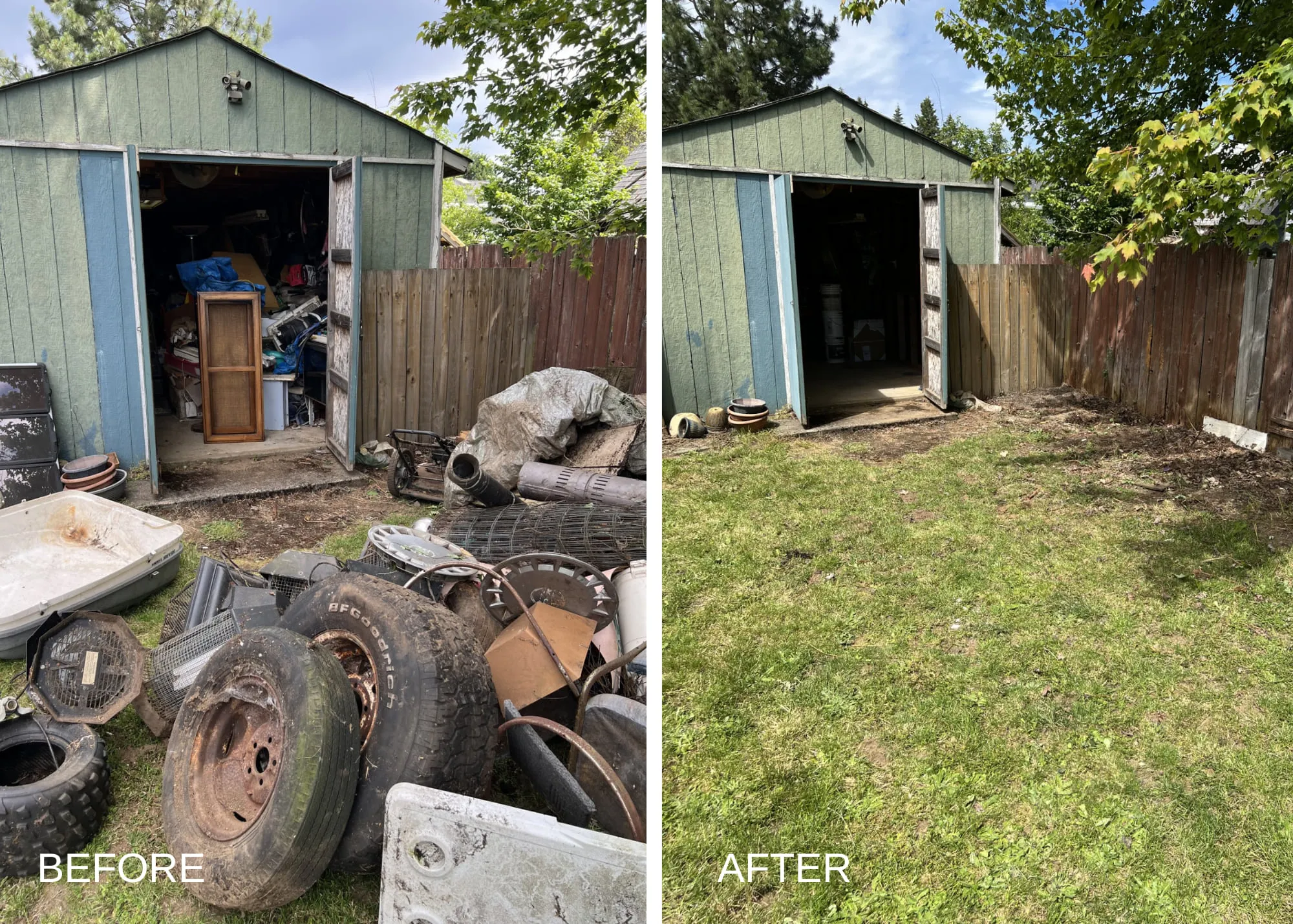 Before and after: a shed and yard piled with tires, panels and scrap, then cleared to bare grass