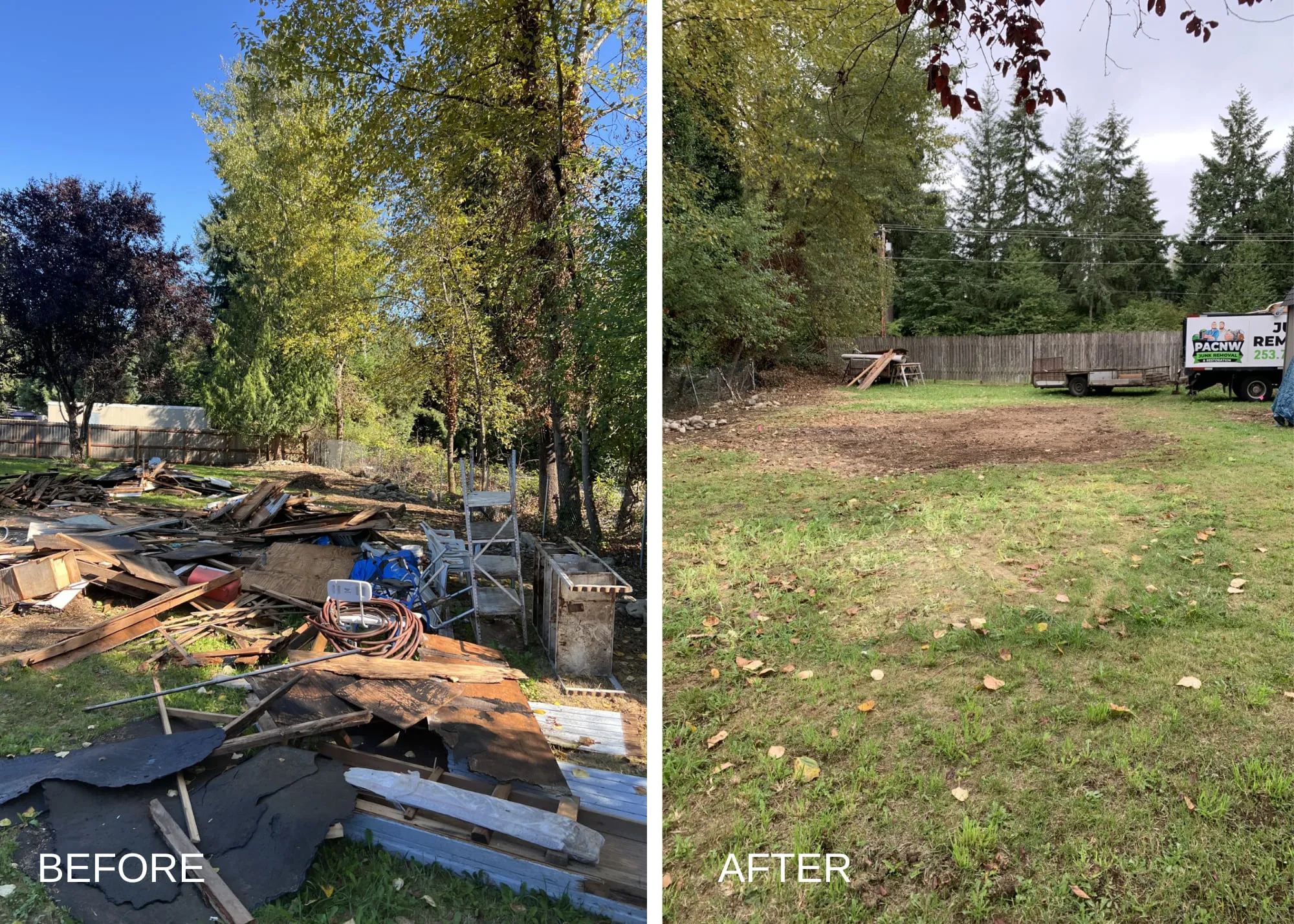 Before and after: a yard covered in torn-out lumber and roofing, then leveled and clear